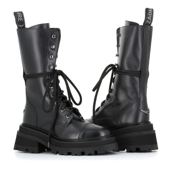 NIB Zadig & Voltaire Lace Up Tall Ride Boots Leather Biker Grunge Sz 37 - Picture 1 of 16